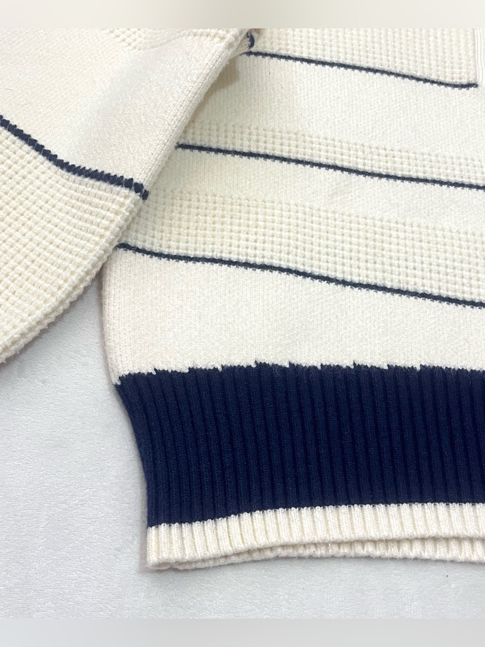 Vita Grace Cream and Navy Soft Thick Button Up Neck Waffle Sweater Women's Top - Picture 3 of 16